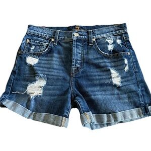 7 FOR ALL MANKIND Distressed + Cuffed Denim Jean Shorts With Button Fly Size 25